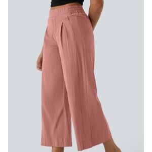 Halara Rose Linen Look High Waist Wide Leg Zip Pocket Capri Pants Size Large